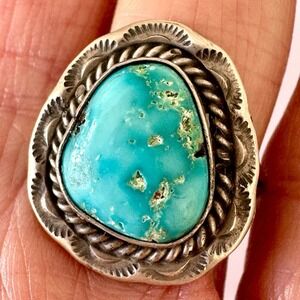 Navajo Sonoran Gold Turquoise Ring Sz 7 Sterling Signed‎ R Sun Stamp Native
